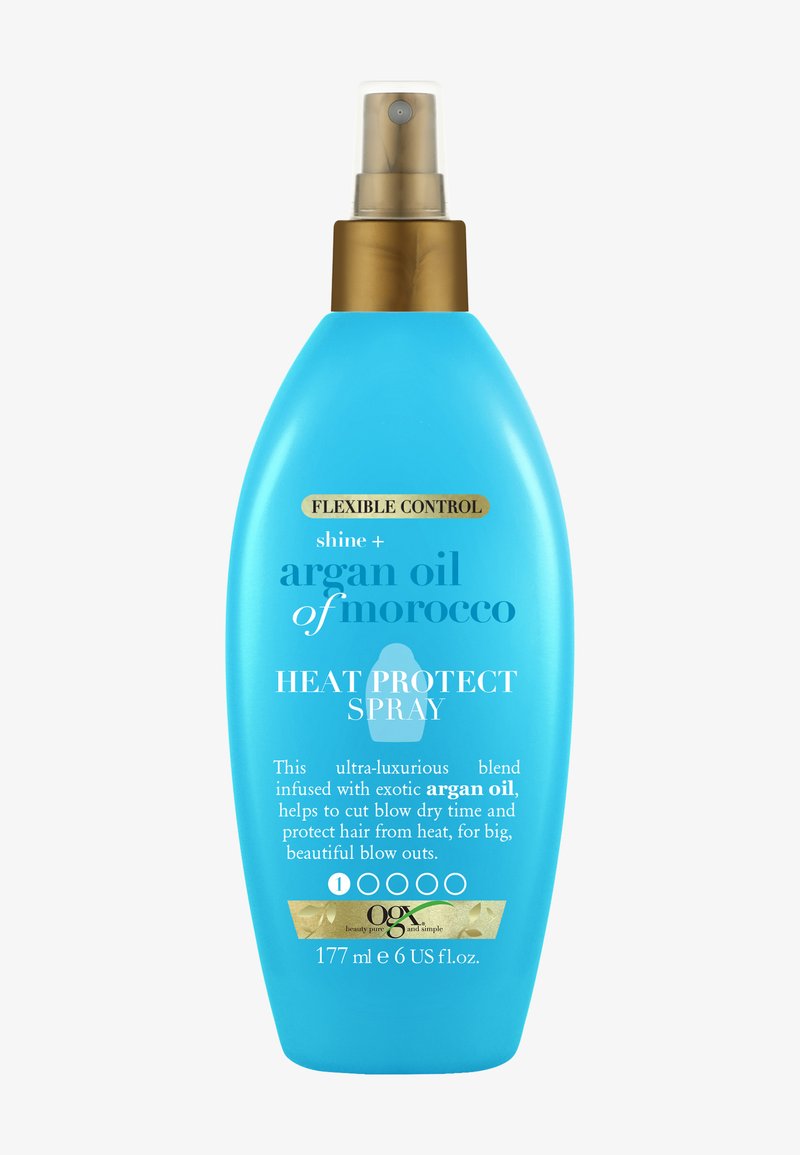 Blaues Sprühfläschchen mit Arganöl aus Marokko, Hitzeschutzspray für Haare mit Goldpumpe, 177 ml, von OGX.