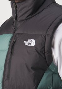 Schwarz-grüne Steppweste mit hohem Kragen, Reißverschlusstasche und dem The North Face-Logo auf der Brust, aus glattem, gestepptem Stoff.