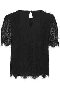 Blouse noire en dentelle à manches courtes avec motifs floraux complexes, ourlet festonné et petite ouverture avec bouton au niveau de l'encolure arrière.