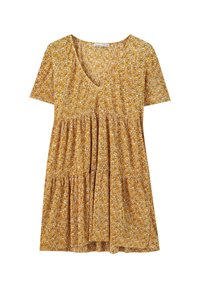 Robe jaune à manches courtes avec col en V, jupe ample à volants et petit motif floral blanc et noir sur l'ensemble.