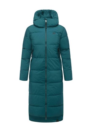 Giacca puffer verde petrolio con cappuccio, caratterizzata da una chiusura a cerniera completa, tasche laterali inclinate e un design trapuntato con segmenti orizzontali.