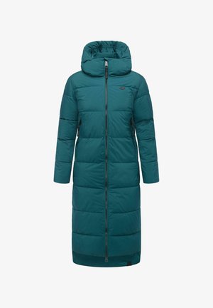 Teal puffer jacket met capuchon, voorzien van een complete ritssluiting, schuine zijzakken en een doorgestikt ontwerp met horizontale segmenten.