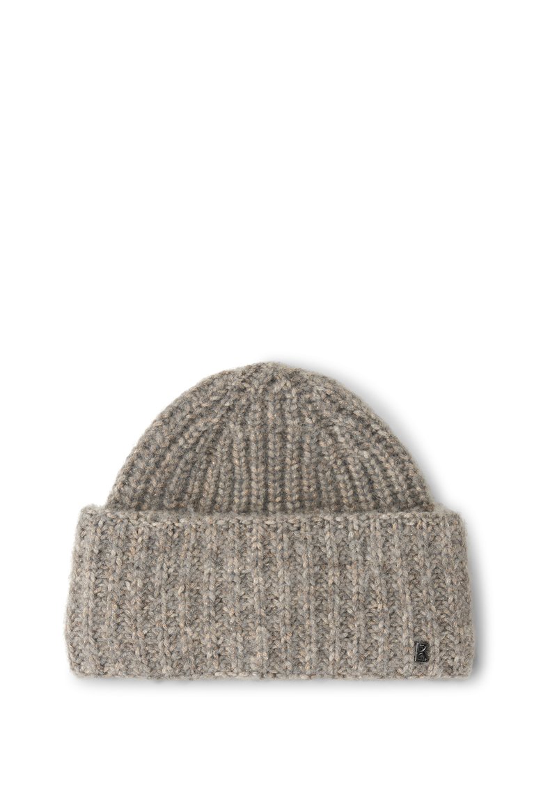 Gehaakte beanie in lichtgrijs, met een geribde textuur en een opgerolde rand. Klein logotag aan de zijkant. Zachte wolmix.