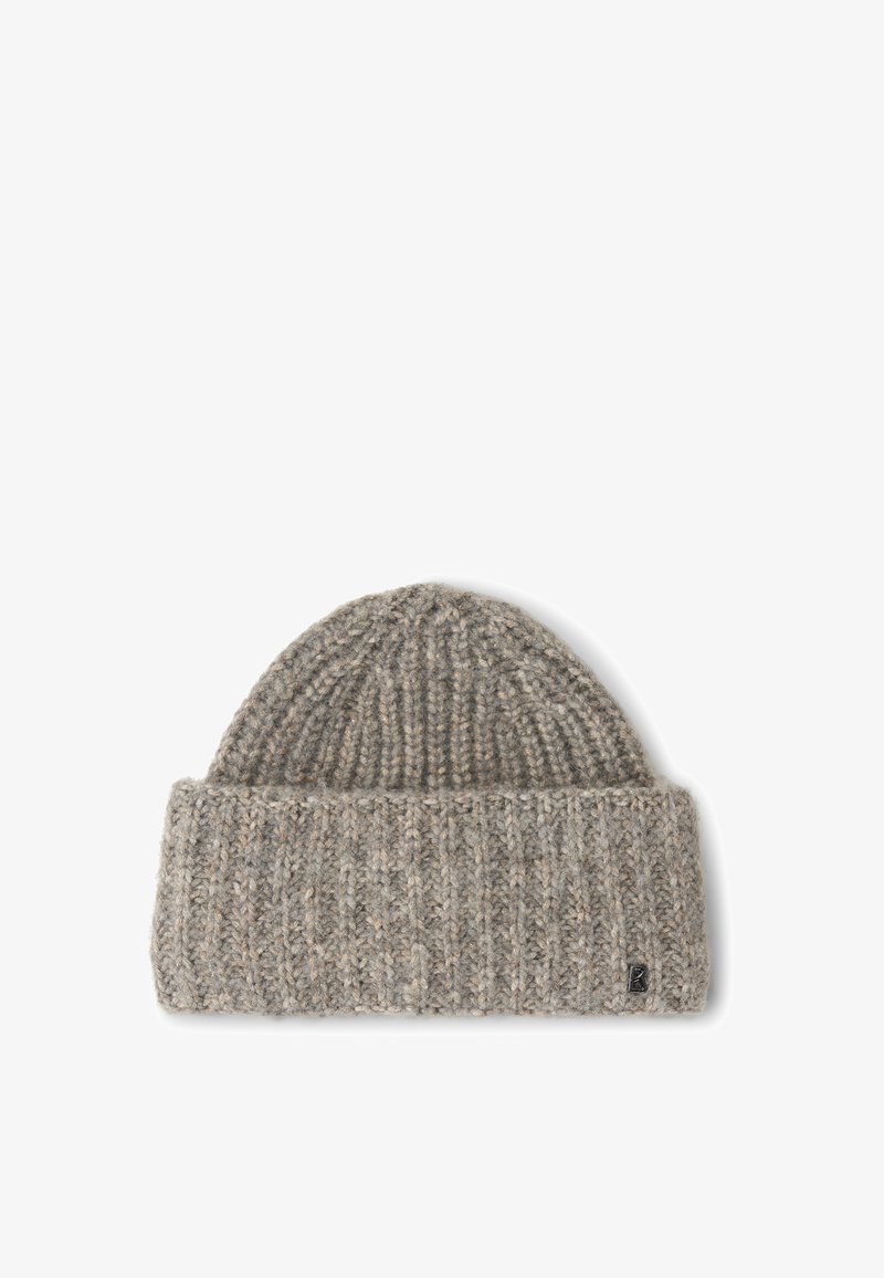 Gehaakte beanie in lichtgrijs, met een geribde textuur en een opgerolde rand. Klein logotag aan de zijkant. Zachte wolmix.