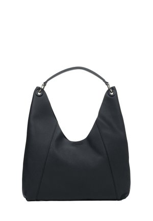 Černá kožená kabelka hobo s jedním uchem, stříbrným kováním a šitými detaily na přední straně.