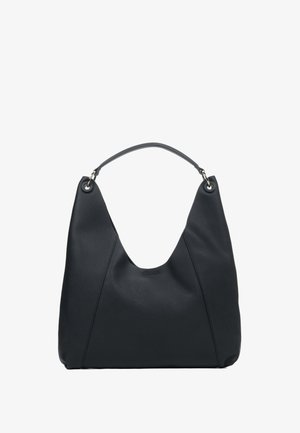 Crna hobo torba od kože s jednim ručkom, srebrnim metalnim detaljima i šavovima sprijeda.