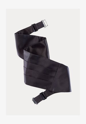 Black fabric belt with a smooth texture, featuring pleated sections and metallic hardware for adjustable fastening.