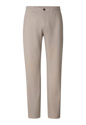 Beige, gerade geschnittene Hose mit einem elastischen Bund und einem einzelnen Knopfverschluss vorne.