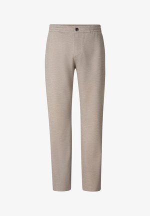 Pantalon beige à jambe droite avec une ceinture élastique et une fermeture avant à un seul bouton.