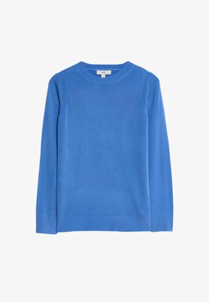 Niebieski sweter dziewiarski, okrągły dekolt, długie rękawy, ściągacze przy hemie i mankietach, miękka tekstura, gładkie wykończenie, lekki materiał.