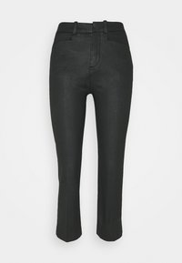 Black denim trousers with a fitted waist, straight leg design, and subtle texture. Features front pockets and a zip fly closure.