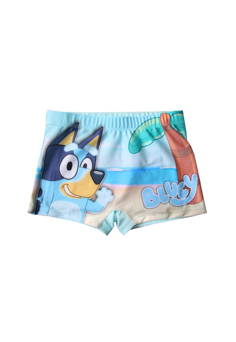 Shorts de bain pour garçons en bleu clair avec un personnage de chien de dessin animé, un palmier et une scène de plage. Matériau extensible doux avec taille élastique.