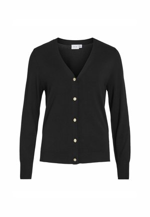 Cardigan negru dintr-un material tricotat moale, cu decolteu în V, mâneci lungi și nasturi decorativi aurii pe partea din față.