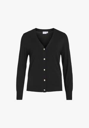 Cardigan negru dintr-un material tricotat moale, cu decolteu în V, mâneci lungi și nasturi decorativi aurii pe partea din față.