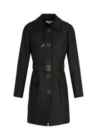Zwarte trenchcoat met ceintuur en gouden knopen, twee grote zakken, een kraag en een iets getailleerd ontwerp. Glad textuur van de stof.