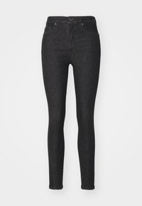 Černé skinny džíny z denimu s těsným střihem, klasickým pětipocket designem, předním zapínáním na knoflík a jemnými detaily šití.