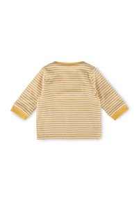 Langärmeliges Baumwollhemd mit gelb-weißen horizontalen Streifen und kontrastierenden gelben Bündchen und Halsabschluss. Weiche Textur, lässige Passform.