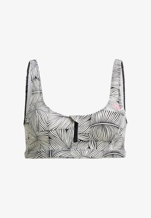 Schwarz-weiß gemusterter BH mit Blattmotiven, breiten Trägern, einem quadratischen Ausschnitt und einem vorderen Reißverschluss. Hergestellt aus dehnbarem Stoff mit glatter Textur.