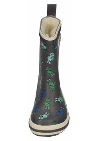 Child's black rubber rain boot featuring colorful robot prints, a textured outsole, and a soft lining. Includes a pull tab for easy wear.