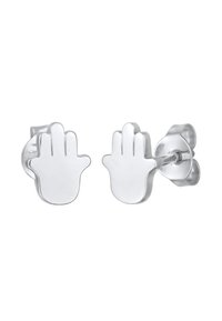 SIlverfärgade studs som föreställer öppna händer, med en slät och reflekterande yta samt en minimalistisk design.