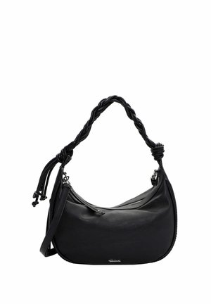 Borsa a spalla in pelle nera con manico intrecciato, chiusura a zip, texture liscia e forma arrotondata. Dettaglio logo discreto alla base.