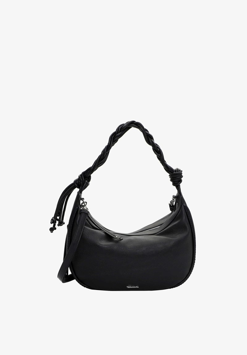 Mustast nahast õlakott punutud sangaga, tõmblukuga, siledapinnaline ja ümarate vormidega. Alumises osas on diskreetne logo detail.