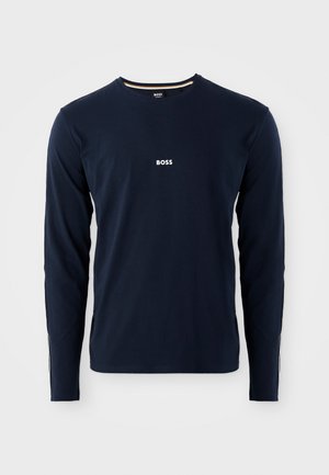Marineblaues Langarm-T-Shirt aus weicher Baumwolle, mit Rundhalsausschnitt und einem weißen "BOSS"-Logo, das in der Mitte der Brust platziert ist.