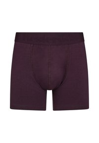 Burgundy boxer briefs with a fitted design, soft texture, and a wide waistband featuring embossed branding. Stitching detail along the seams.
