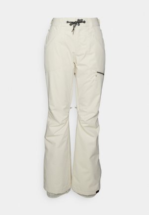 Pantalons de neige blancs avec une taille à cordon, poche latérale zippée et jambes évasées. Fabriqués en matériau durable et résistant aux intempéries.