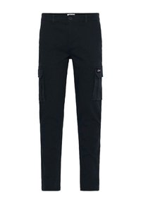 Schwarze Cargo-Hosen aus Baumwolle mit Seitentaschen, geradem Bein und glatter Textur. Mit einem Logo auf der Tasche.