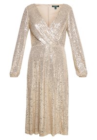 Dlouhé rukávy šampaňské midi šaty s flitry, s V-výstřihem, zavinovacím tělem a přiléhavým pasem od značky Lauren Ralph Lauren.