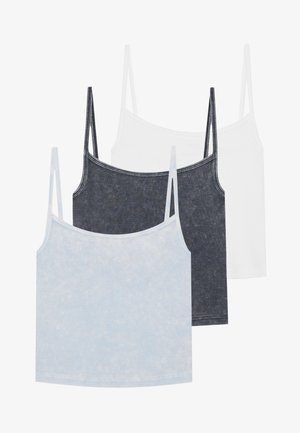 Three tank tops featuring a blue, dark gray, and white color scheme. Each has thin straps and a ribbed texture.