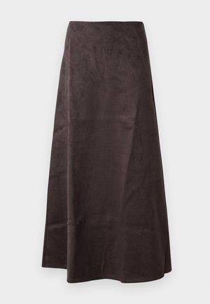 Jupe longue en A taille haute, de couleur marron foncé, avec une texture lisse, présentée à plat sur un fond blanc.