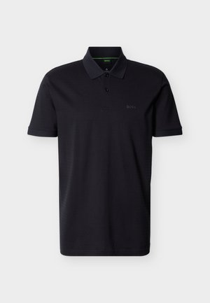 Polohemd van effen zwarte katoen, met een kraag, twee knopen aan de sluiting en een reliëflogo op de linkerborst. Korte mouwen en een eenvoudig ontwerp.