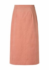 Rosy pink A-line skirt in lightweight fabric, featuring a flat waistband with pleats for added structure, hemmed at knee length.