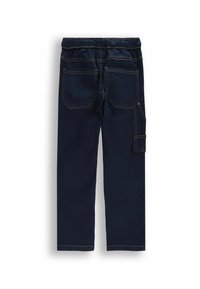 Granatowe spodnie dla dzieci z elastycznym pasem, dwoma tylnymi kieszeniami oraz boczną kieszenią cargo z ozdobnymi szwami.