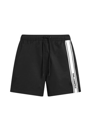 Shorts de bain noirs avec une taille élastique, cordon de serrage, rayures verticales blanches et logo "KARL LAGERFELD" sur le côté.