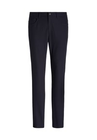 Pantalones azul marino con una textura suave, que presentan un diseño clásico, bolsillos delanteros y cierre de botón. Corte de pierna recta.