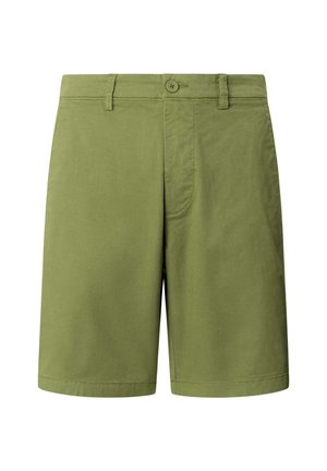 Shorts longueur genou couleur olive avec fermeture par bouton, passants pour ceinture et un design épuré et ajusté.