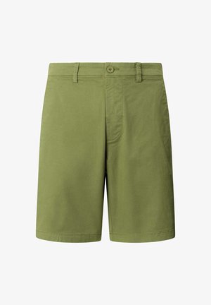 Olive green knee-length shorts with button closure, belt loops, and a clean, tailored design.