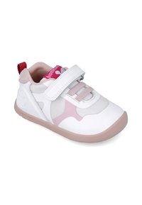 Sneaker per bambino in bianco e rosa chiaro, con strap in Velcro, sovrapposizione in mesh traspirante, suola in gomma e dettaglio del logo sul lato.