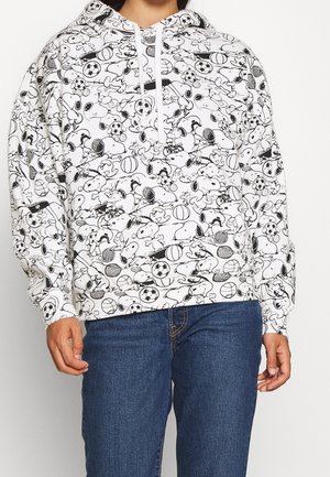 Sweat à capuche blanc avec un motif en cartoon noir de ballons de sport et de personnages, avec une capuche à cordon et des poignets côtelés.