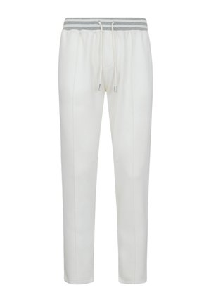 Weiße Jogginghose mit grauem und weißem, gestreiftem elastischem Bund und vorderem Tunnelzug, mit dezenten Nahtdetails an den Beinen.