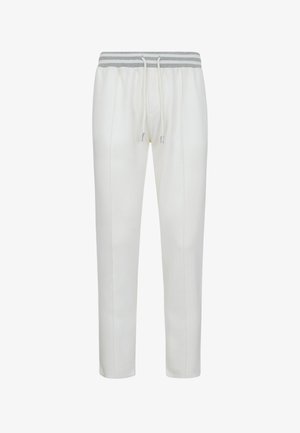 Hvide joggingbukser med en grå og hvid stribet elastik i taljen og en snor foran, med diskrete sømdetaljer på benene.
