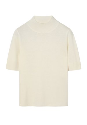 Pull à manches courtes et col roulé en tissu tricoté doux de couleur crème. Il présente une coupe ajustée et des détails côtelés au niveau de l'encolure et des manches.