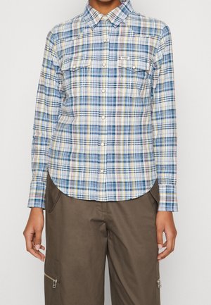 Light blue plaid shirt featuring yellow, green, and pink stripes, button-up front, two chest pockets, and a curved hem.