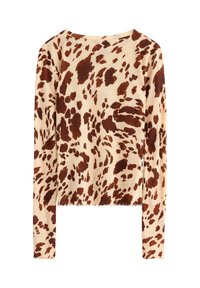 Maglietta beige a maniche lunghe con stampa animale astratta marrone e bordi a lattuga, mostrata piatta su uno sfondo bianco.