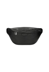 Borsa a vita nera in pelle con superficie texturizzata, forma arrotondata e chiusura con zip. Presenta un piccolo logo sul fronte.