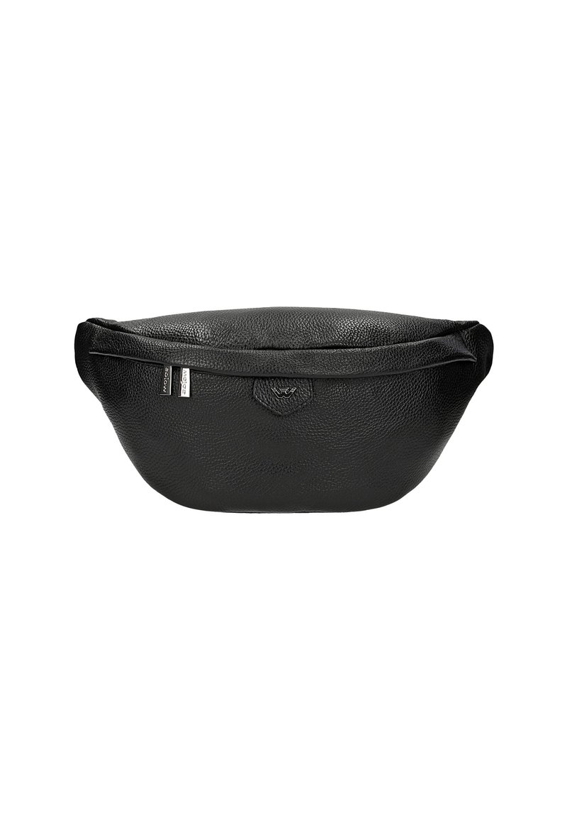 Borsa a vita nera in pelle con superficie texturizzata, forma arrotondata e chiusura con zip. Presenta un piccolo logo sul fronte.