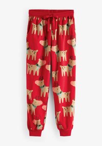 Rode pyjamabroek met een speelse print van lichtbruine rendieren die blauwe sjaals dragen, met elastische boorden en een koordsluiting.